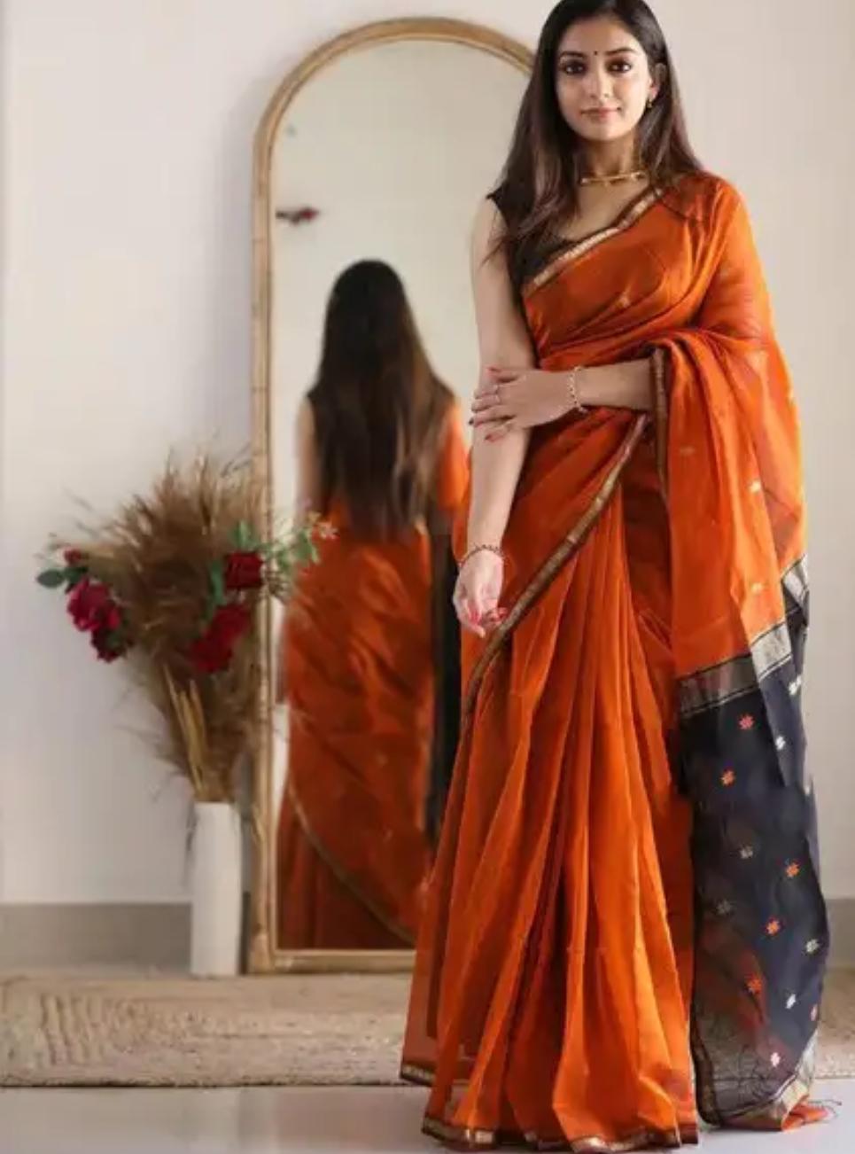 Classic Orange Handloom Style Saree with Contrast Black Border