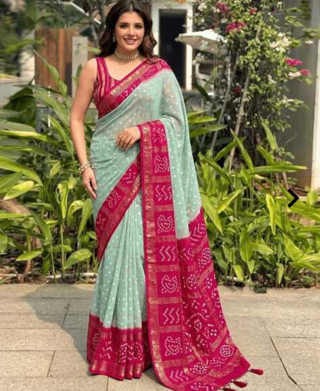 Mint Green Saree with Vibrant Pink Bandhani Print Border
