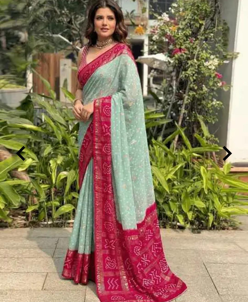 Mint Green Saree with Vibrant Pink Bandhani Print Border
