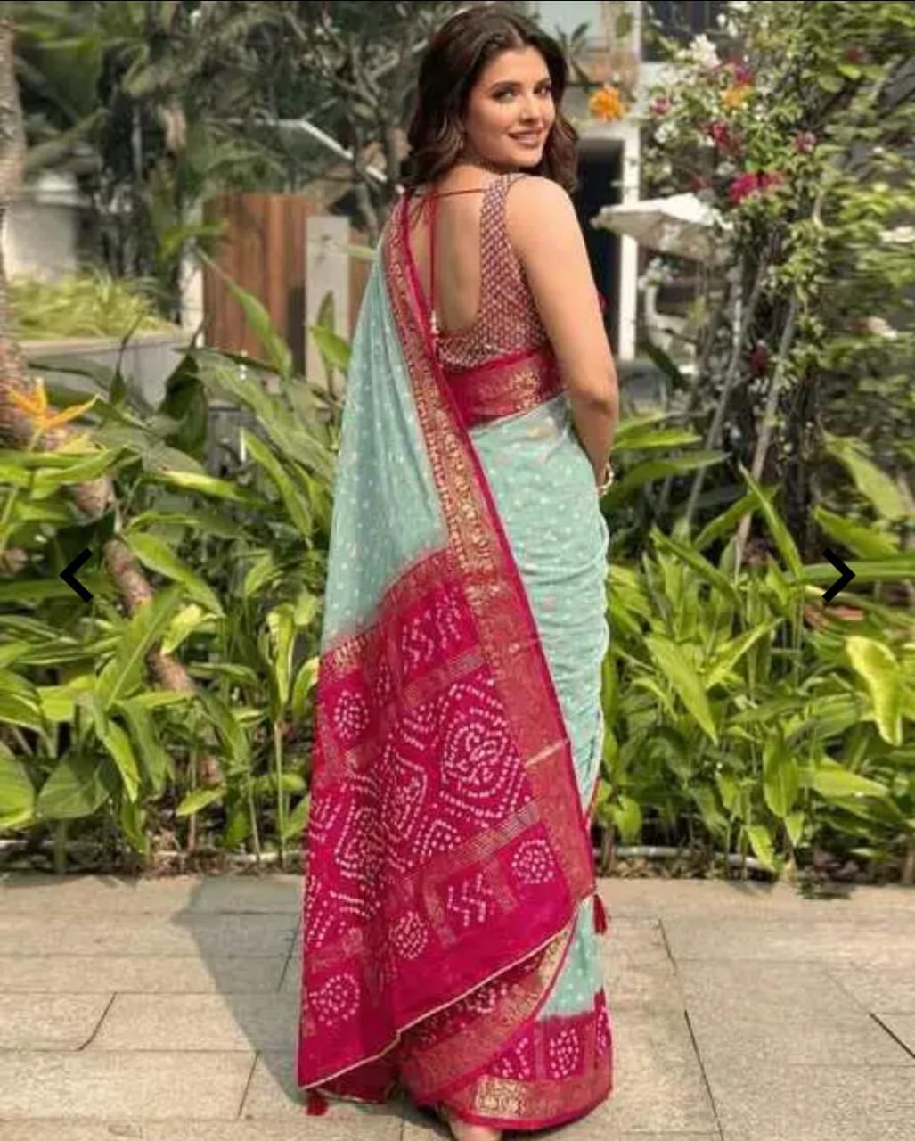 Mint Green Saree with Vibrant Pink Bandhani Print Border