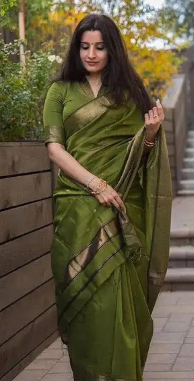 Elegant Olive Green Silk Blend Saree with Zari Border