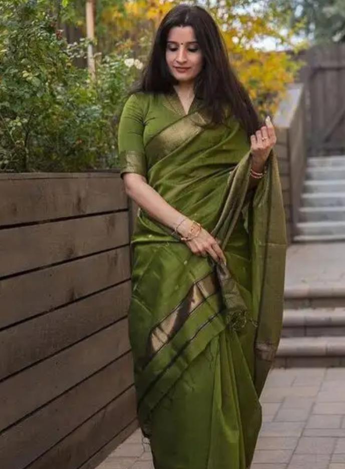 Elegant Olive Green Silk Blend Saree with Zari Border