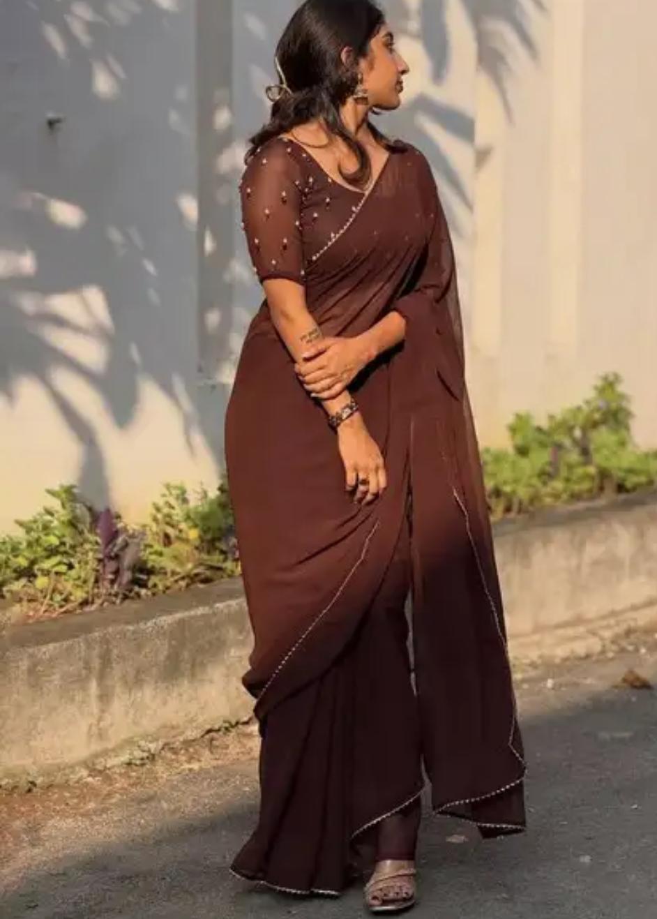 Minimalist Chocolate Brown Georgette Saree with Delicate Border