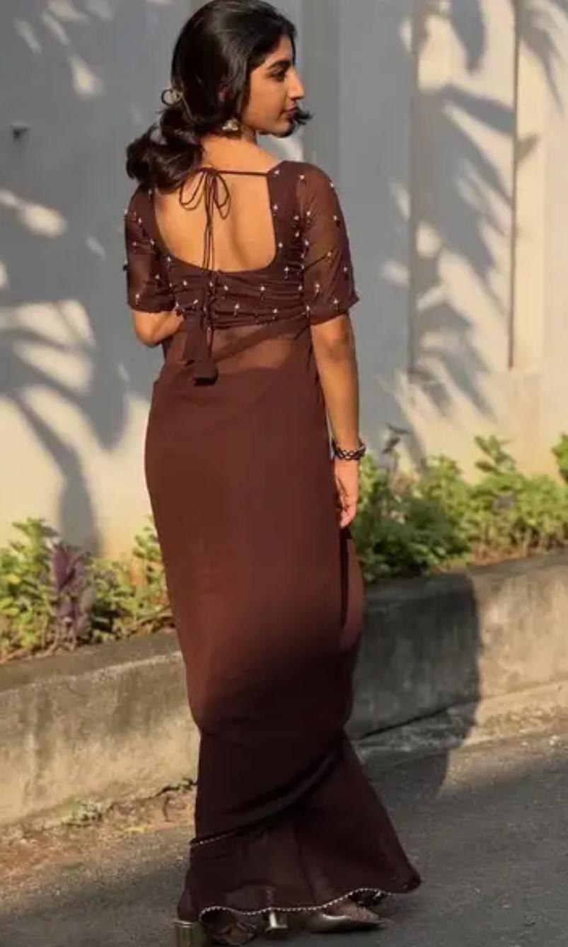 Minimalist Chocolate Brown Georgette Saree with Delicate Border