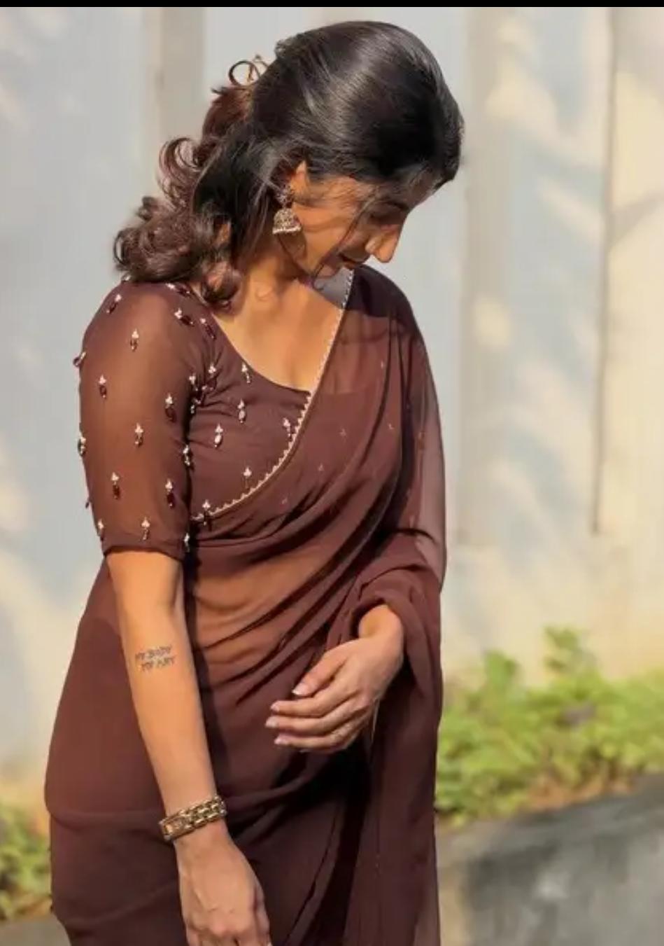 Minimalist Chocolate Brown Georgette Saree with Delicate Border