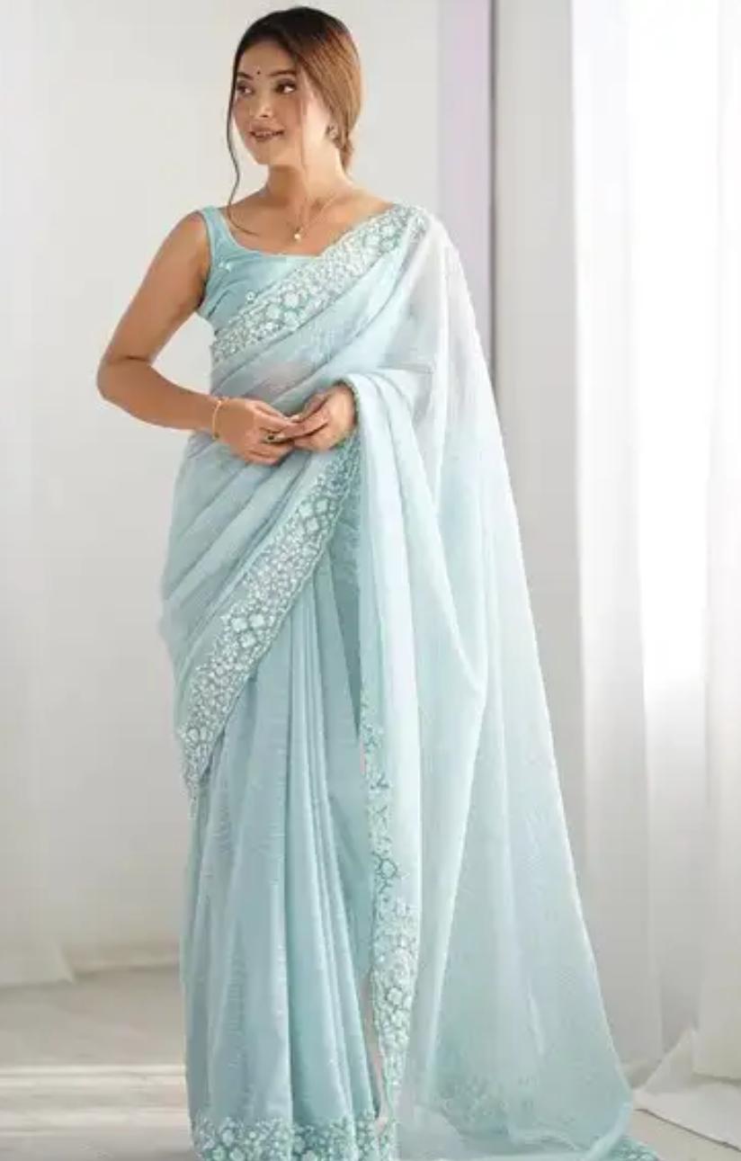 Pastel Powder Blue Saree with Intricate Threadwork Border