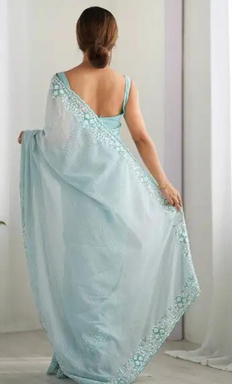Pastel Powder Blue Saree with Intricate Threadwork Border