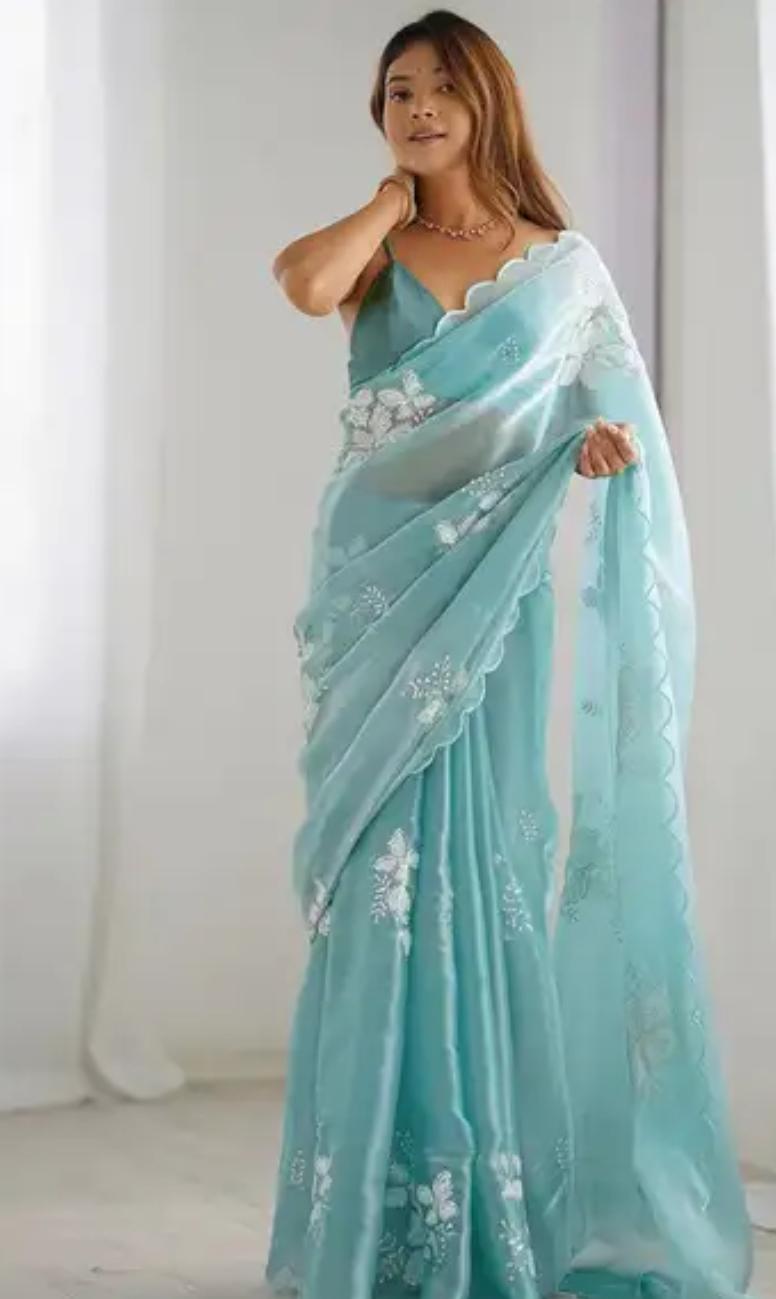 Aqua Sea Green Organza Saree with Scalloped Floral Embroidery