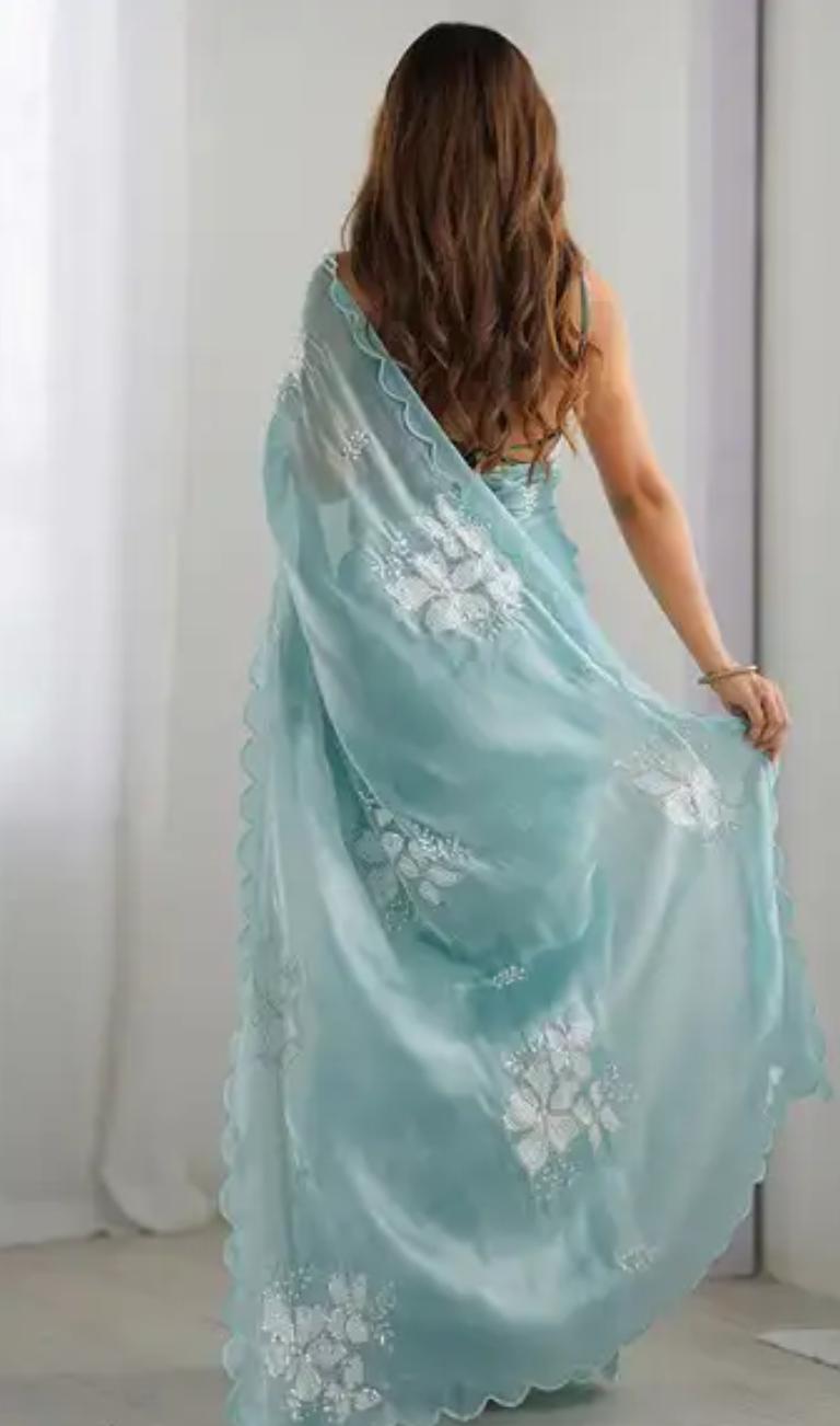 Aqua Sea Green Organza Saree with Scalloped Floral Embroidery