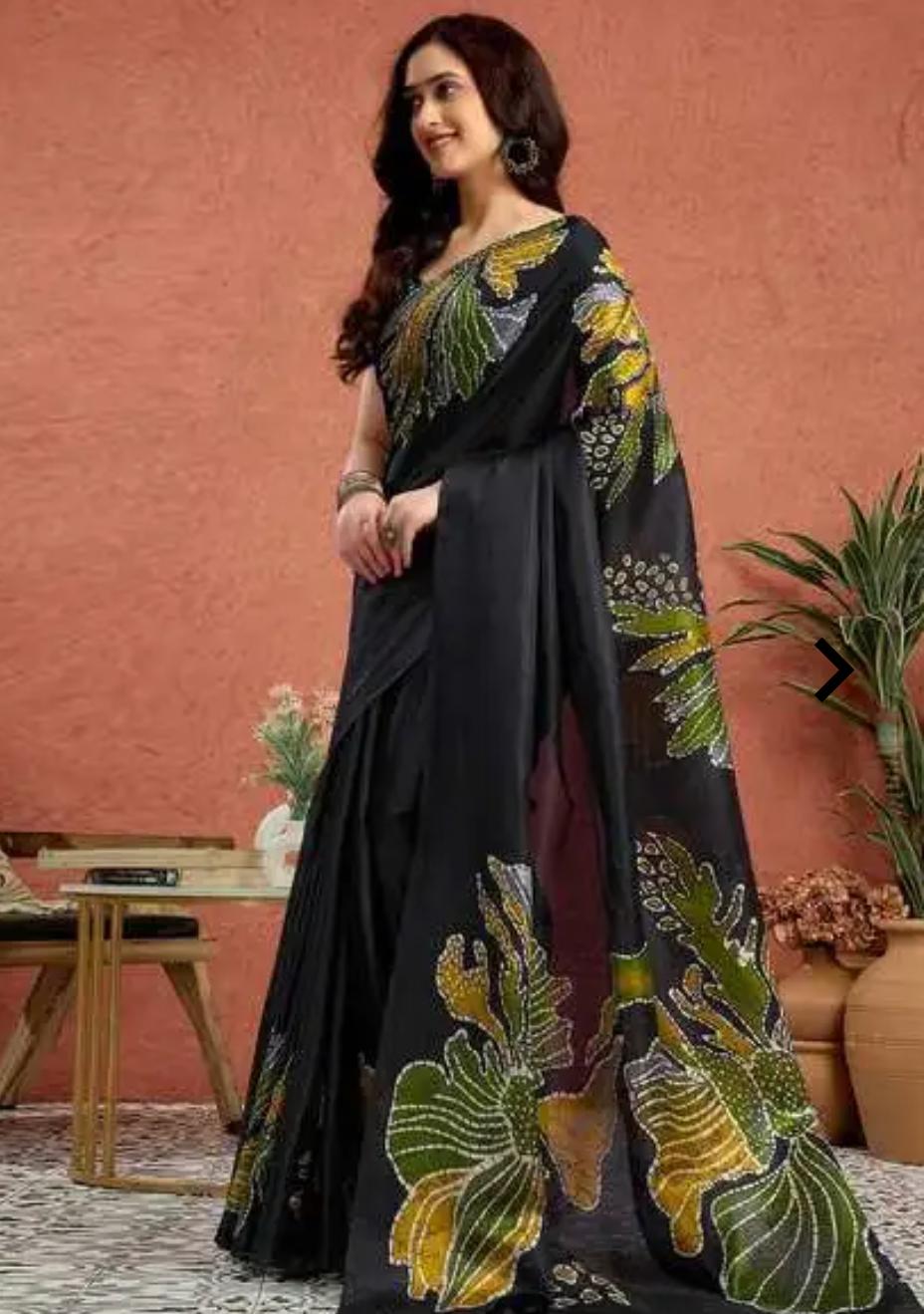 Bold Black Satin Silk Saree with Abstract Floral Prints