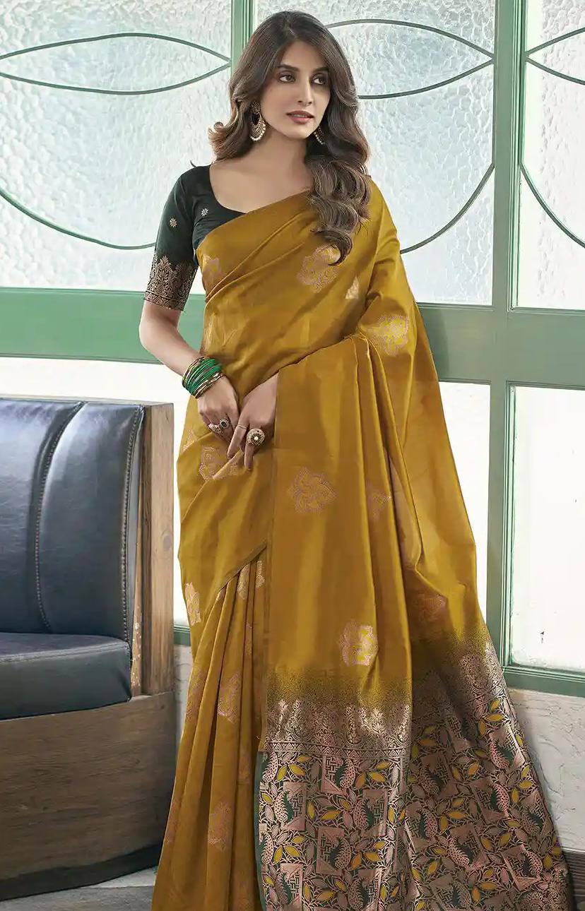 Sophisticated Mustard Yellow Jacquard Silk Saree with Zari Border