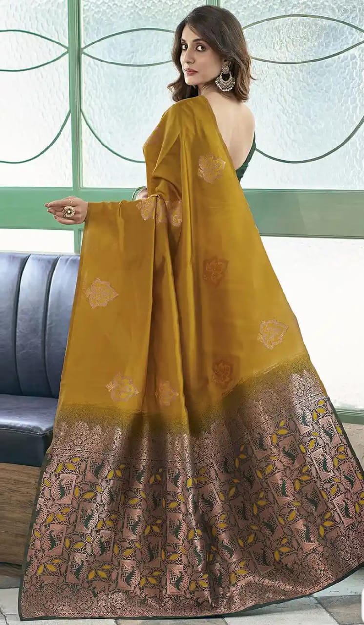 Sophisticated Mustard Yellow Jacquard Silk Saree with Zari Border