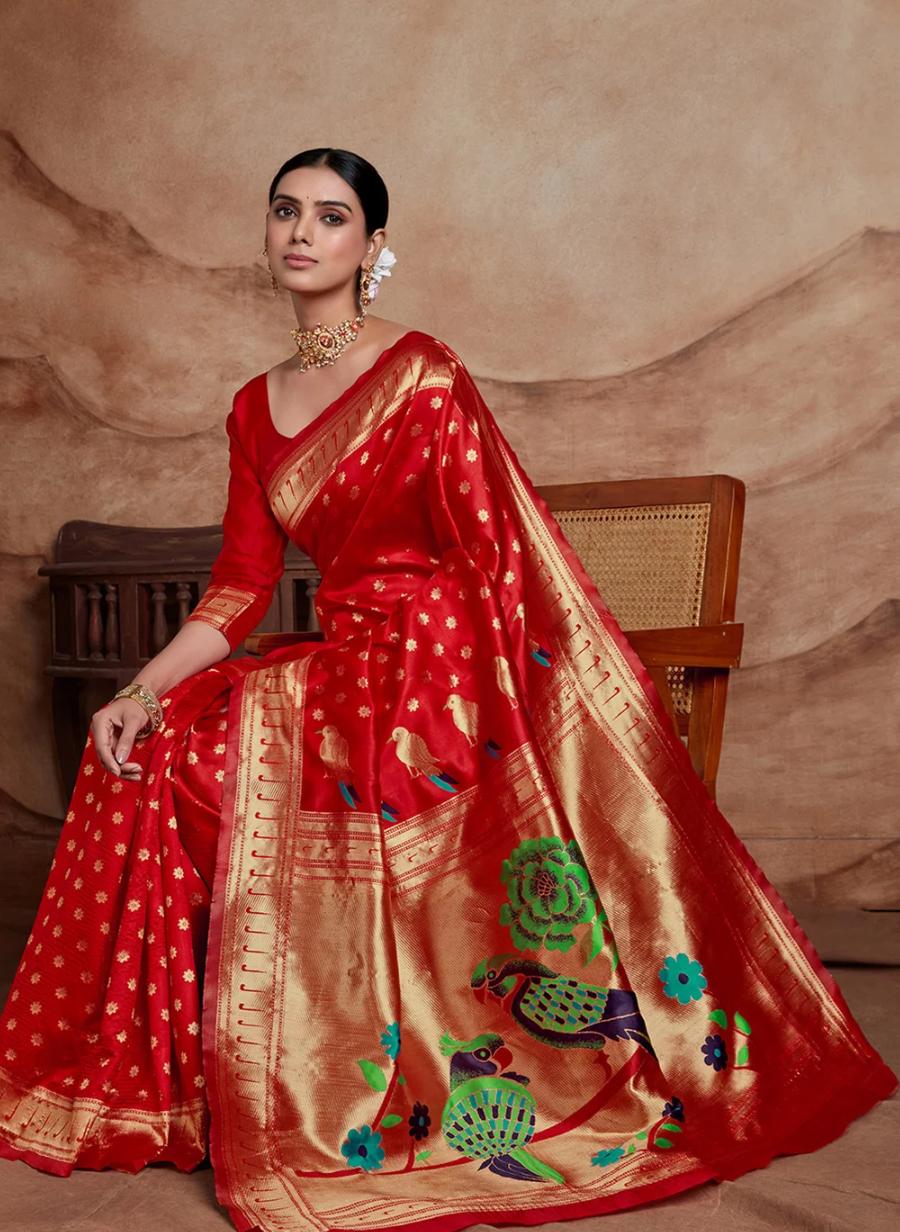 Regal Crimson Red Paithani Style Silk Saree with Minakari Pallu