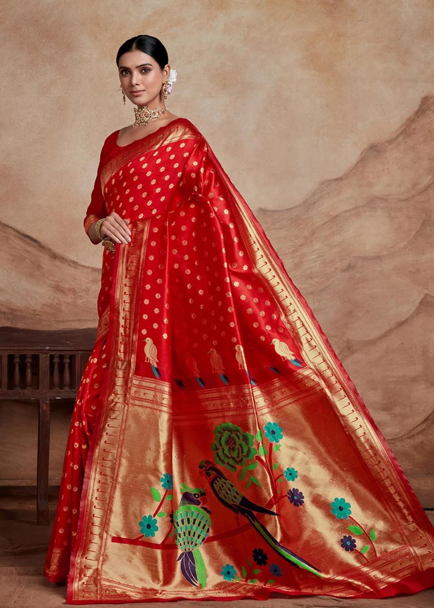 Regal Crimson Red Paithani Style Silk Saree with Minakari Pallu