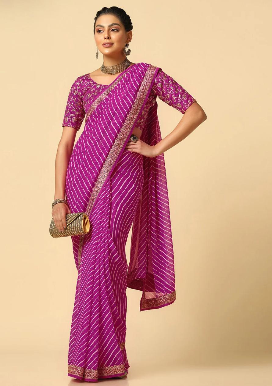 Vibrant Magenta Georgette Leheriya Saree with Embroidered Border