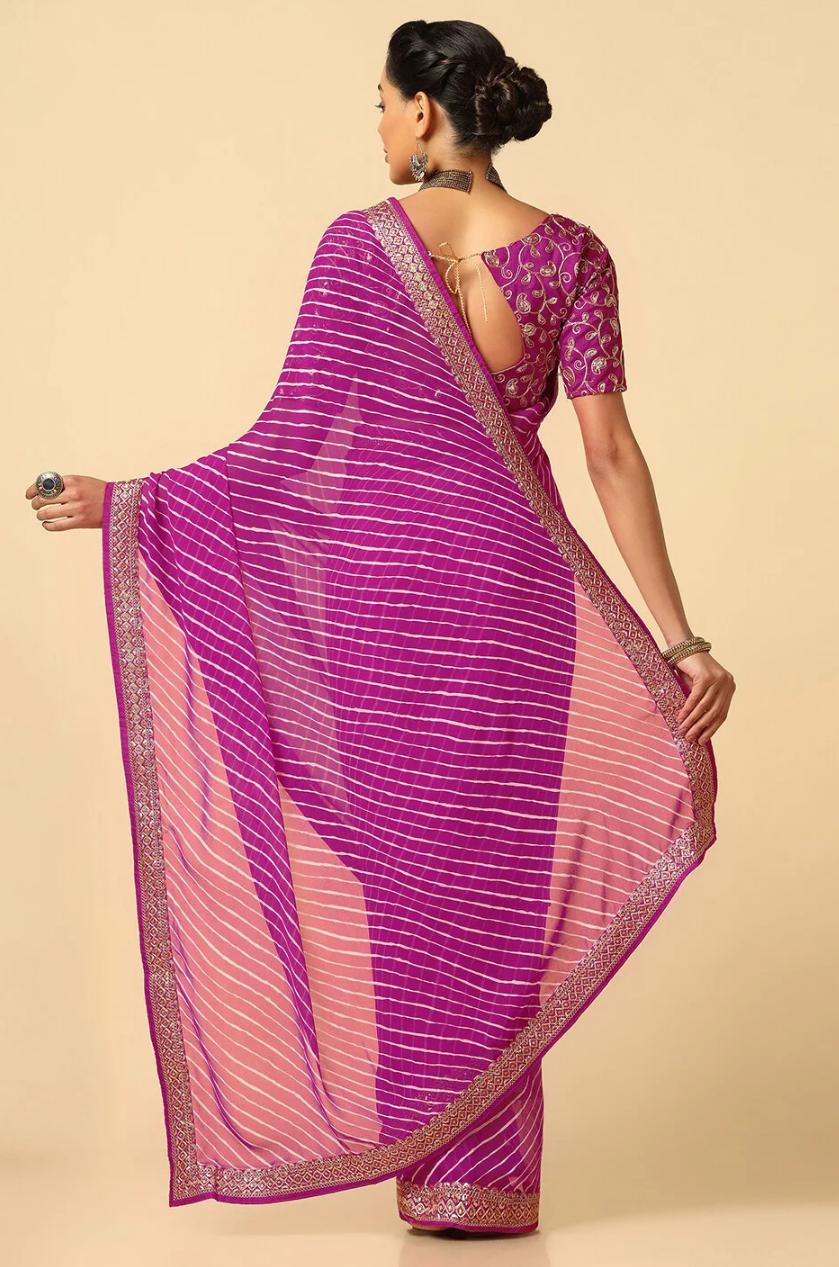 Vibrant Magenta Georgette Leheriya Saree with Embroidered Border