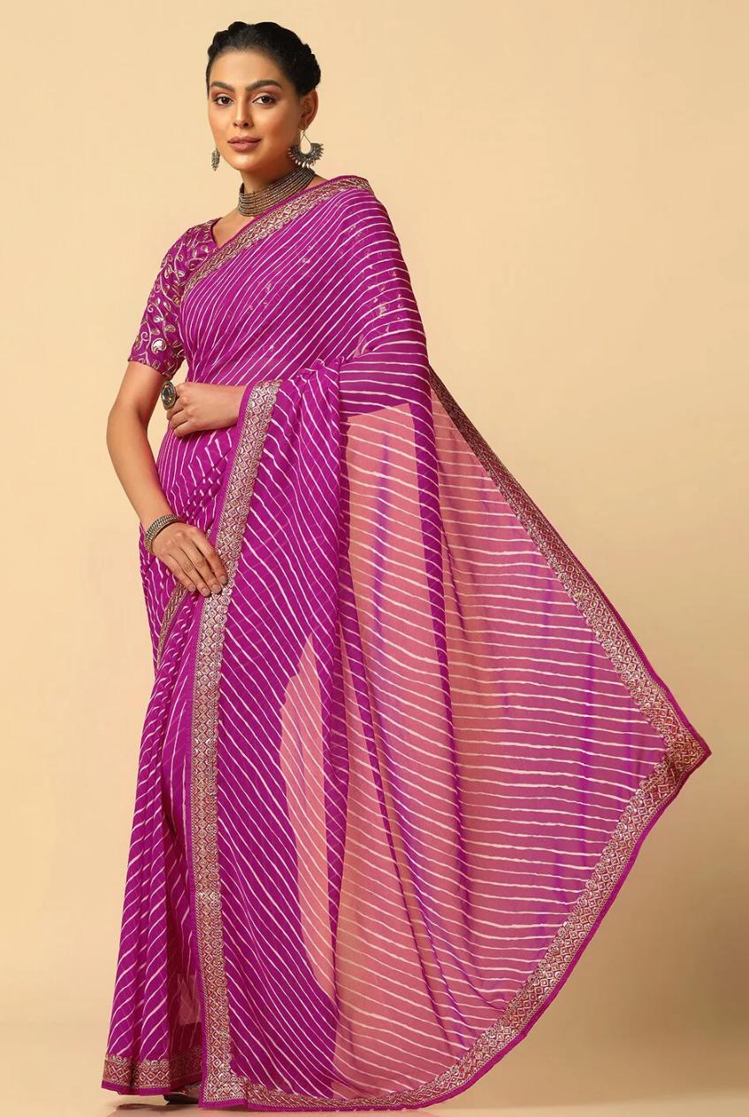 Vibrant Magenta Georgette Leheriya Saree with Embroidered Border