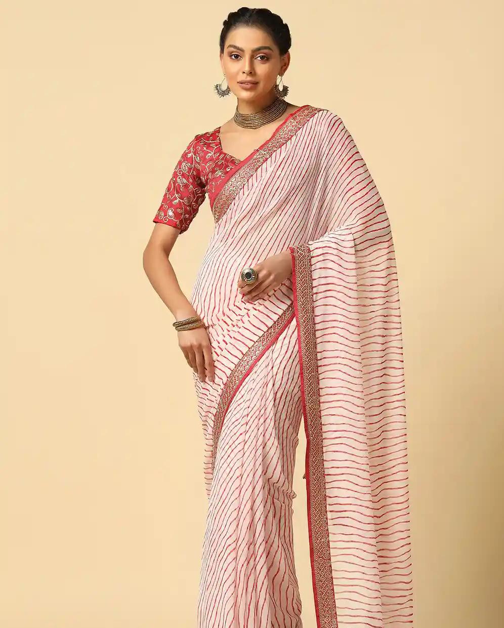 Elegant Off-White and Red Leheriya Georgette Saree