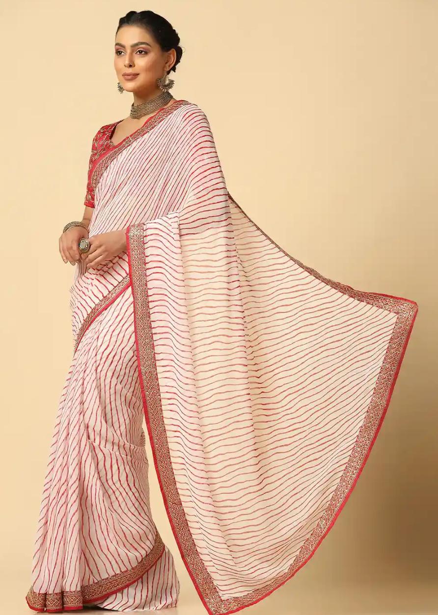 Elegant Off-White and Red Leheriya Georgette Saree