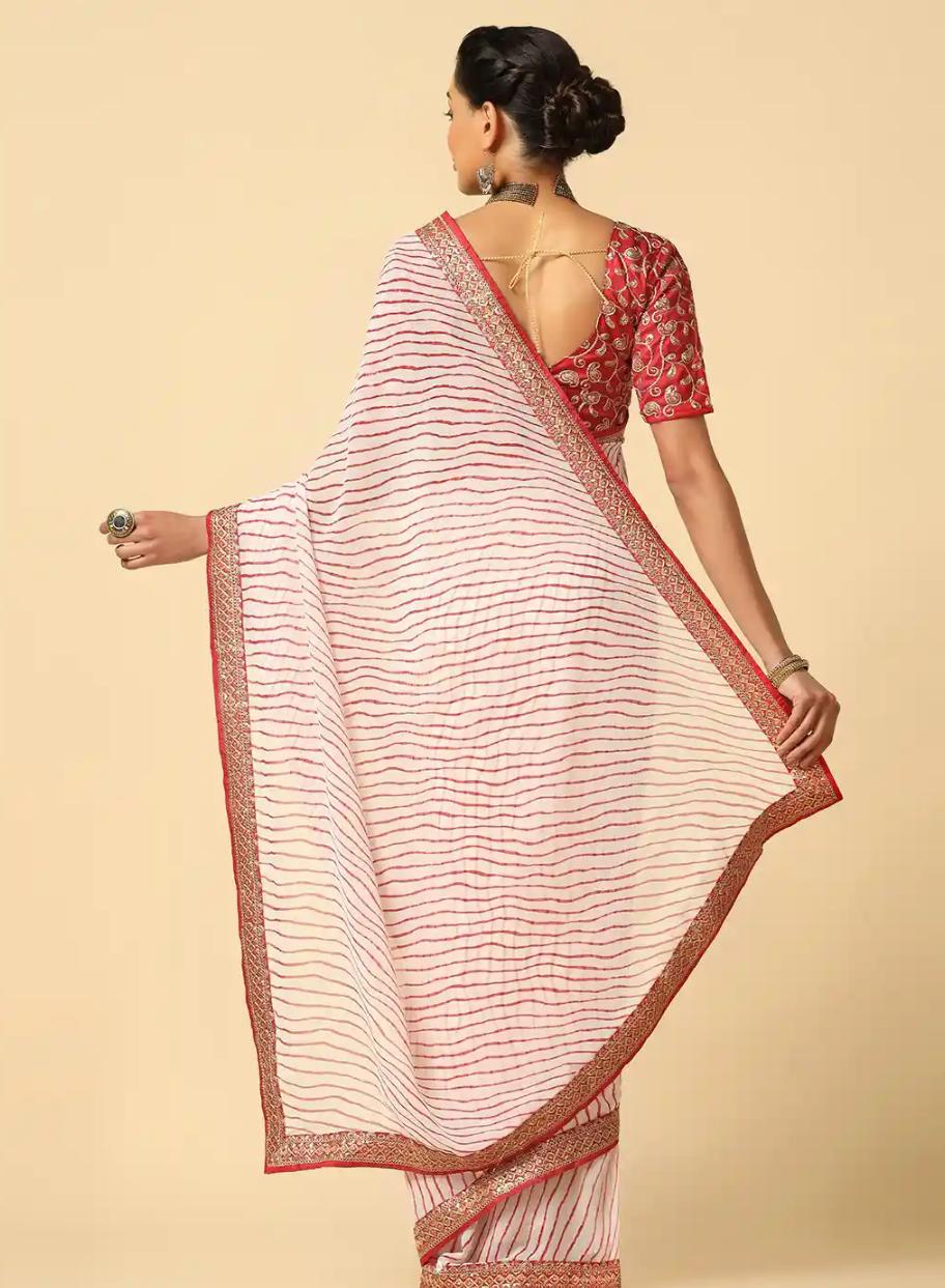 Elegant Off-White and Red Leheriya Georgette Saree
