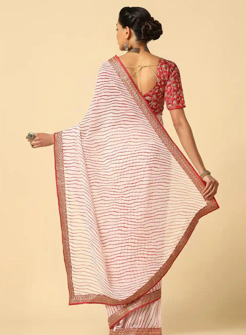 Elegant Off-White and Red Leheriya Georgette Saree