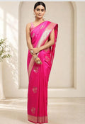 Vibrant Rani Pink Soft Silk Saree with Geometric Zari Border
