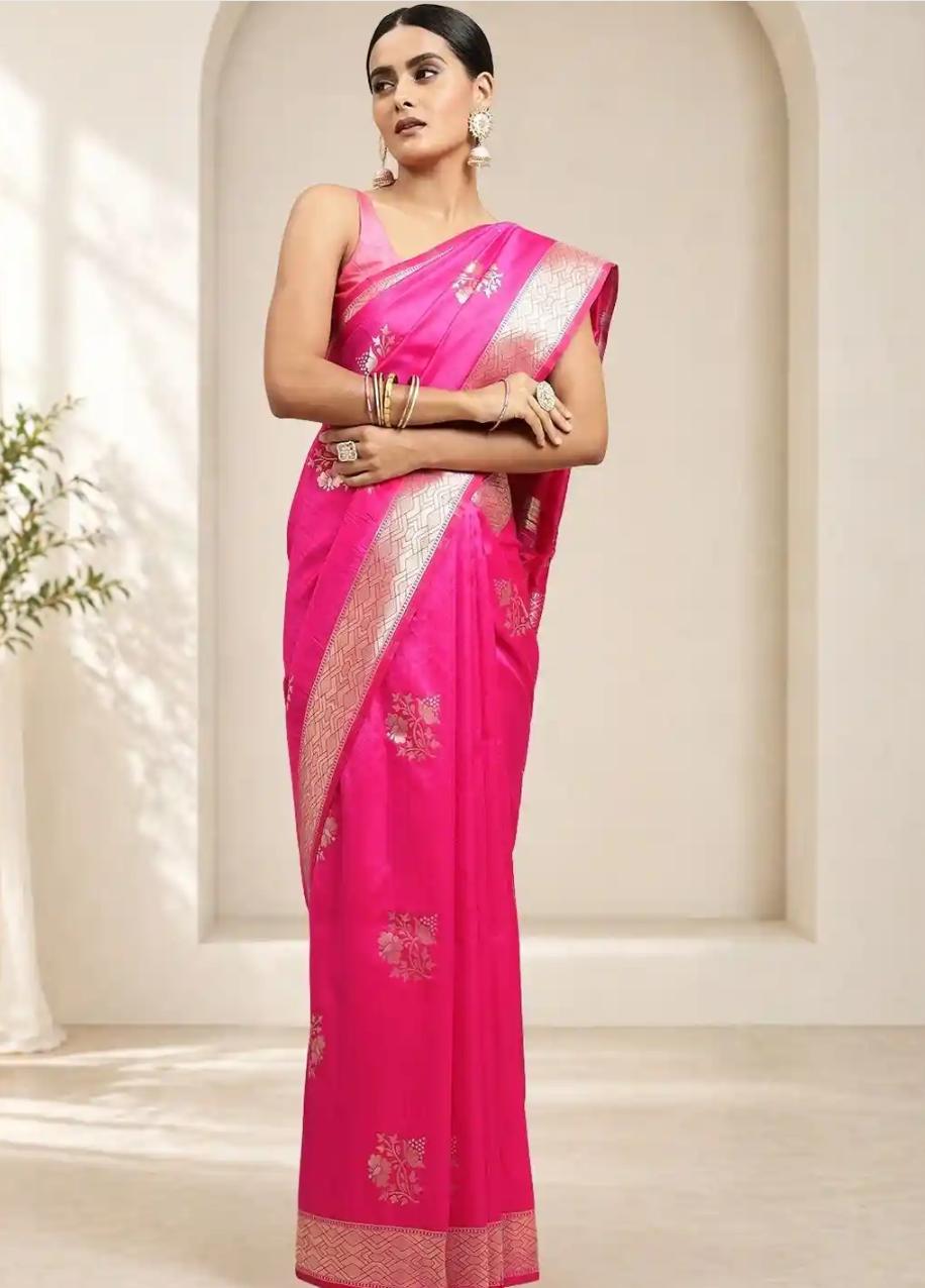 Vibrant Rani Pink Soft Silk Saree with Geometric Zari Border
