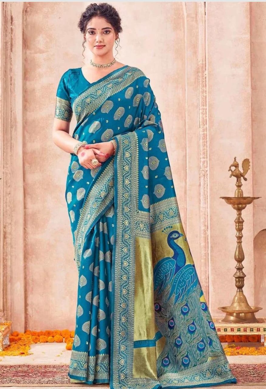 Royal Peacock Blue Banarasi Silk Saree with Peacock Motif Pallu
