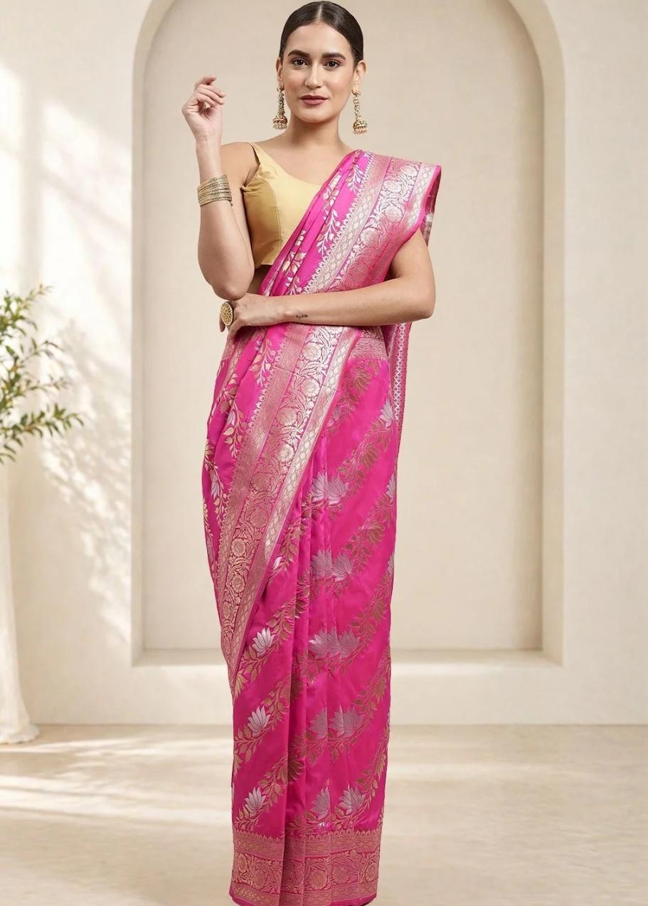 Vibrant Rani Pink Banarasi Silk Saree with Zari Lotus Motifs