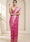 Vibrant Rani Pink Banarasi Silk Saree with Zari Lotus Motifs