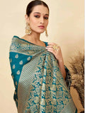Deep Teal Blue Banarasi Katan Silk Saree with All-Over Zari Buttis
