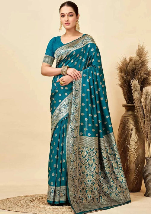 Deep Teal Blue Banarasi Katan Silk Saree with All-Over Zari Buttis