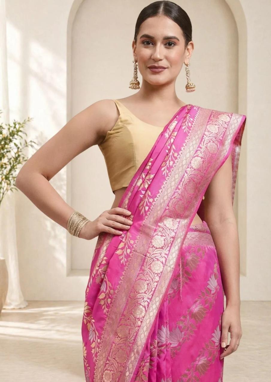 Vibrant Rani Pink Banarasi Silk Saree with Zari Lotus Motifs