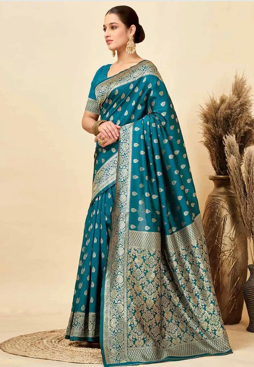 Deep Teal Blue Banarasi Katan Silk Saree with All-Over Zari Buttis