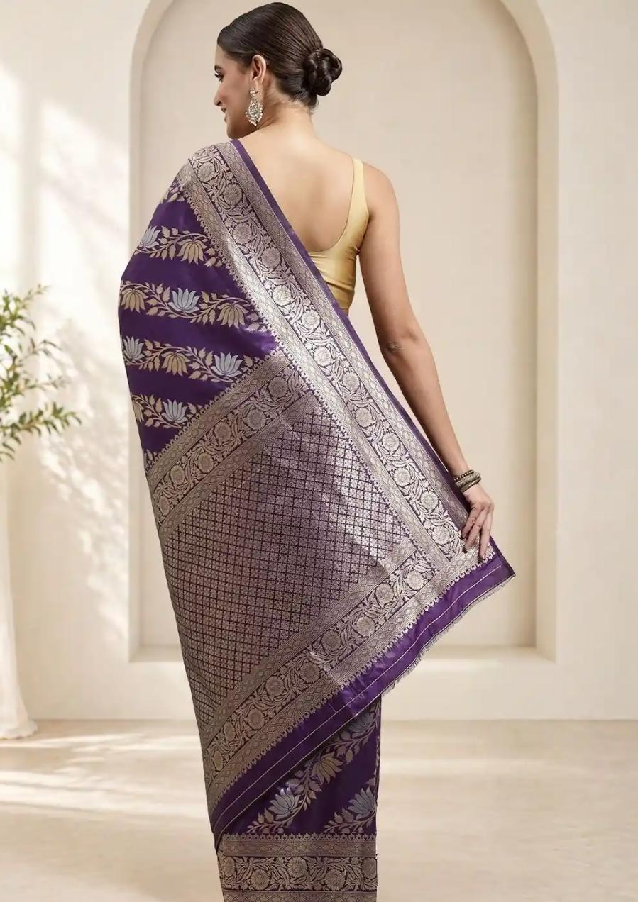 Royal Deep Purple Banarasi Silk Saree with Zari Lotus Motifs
