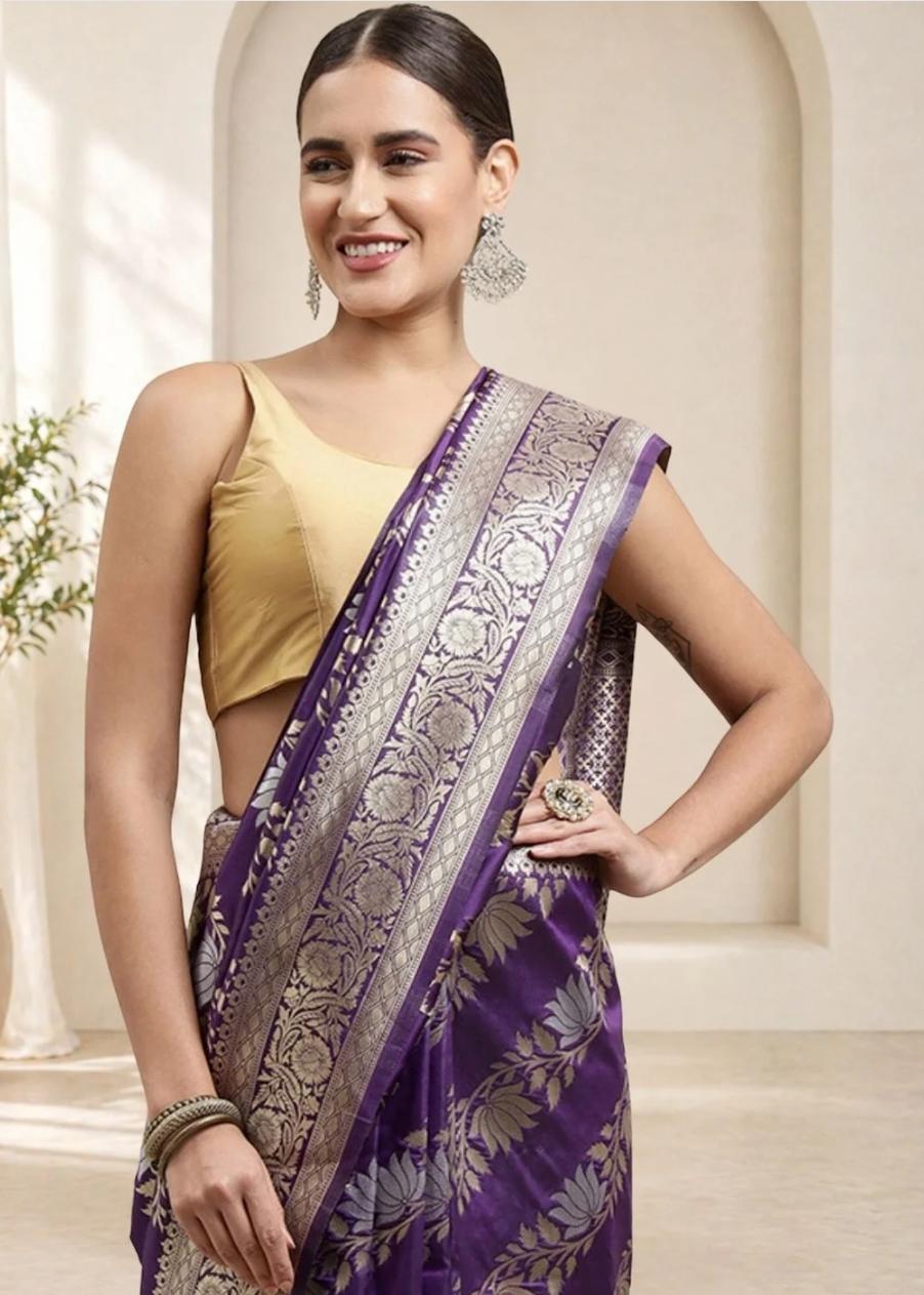 Royal Deep Purple Banarasi Silk Saree with Zari Lotus Motifs
