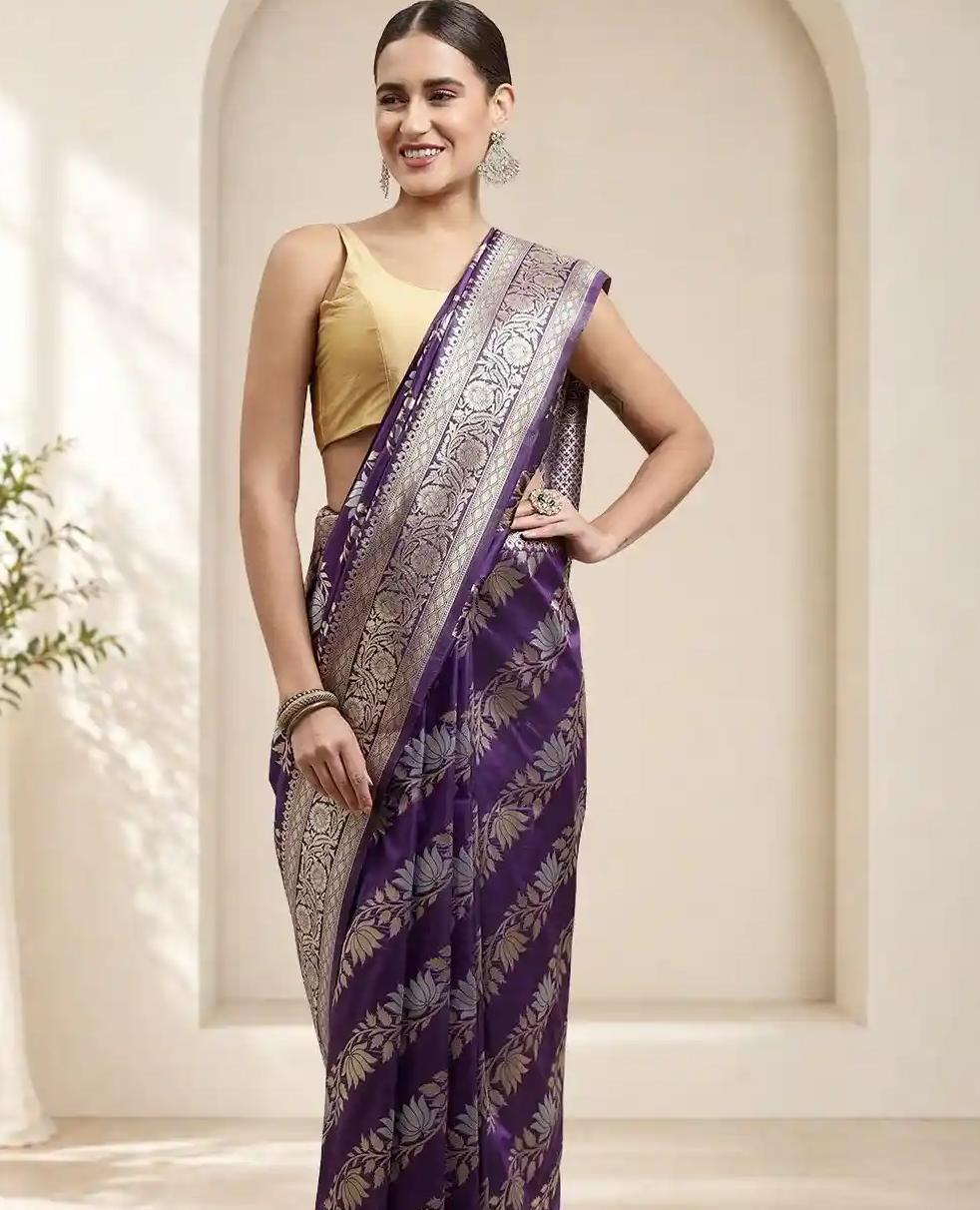 Royal Deep Purple Banarasi Silk Saree with Zari Lotus Motifs