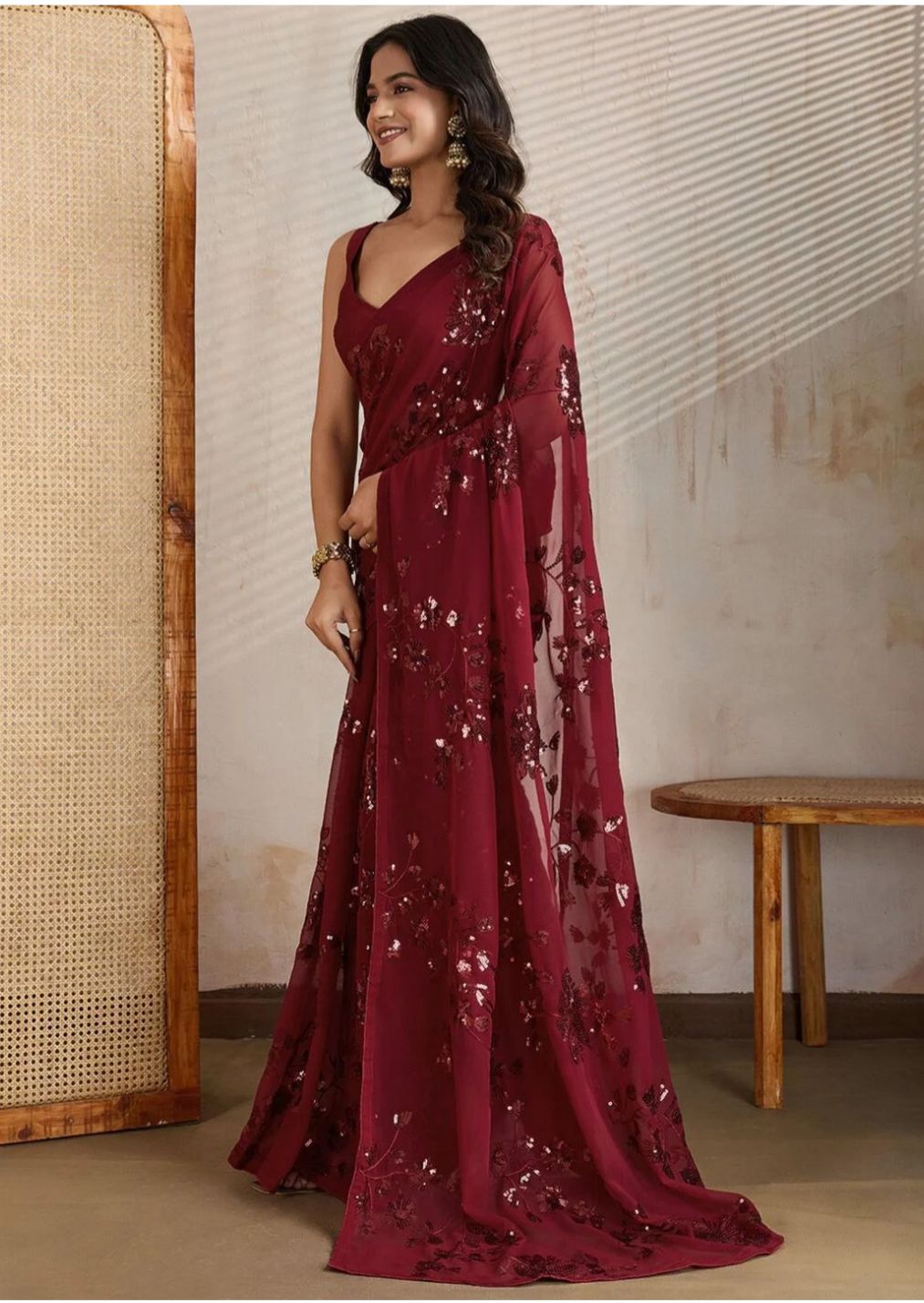 Glamorous Wine Sequins Hand-Embroidered Georgette Saree