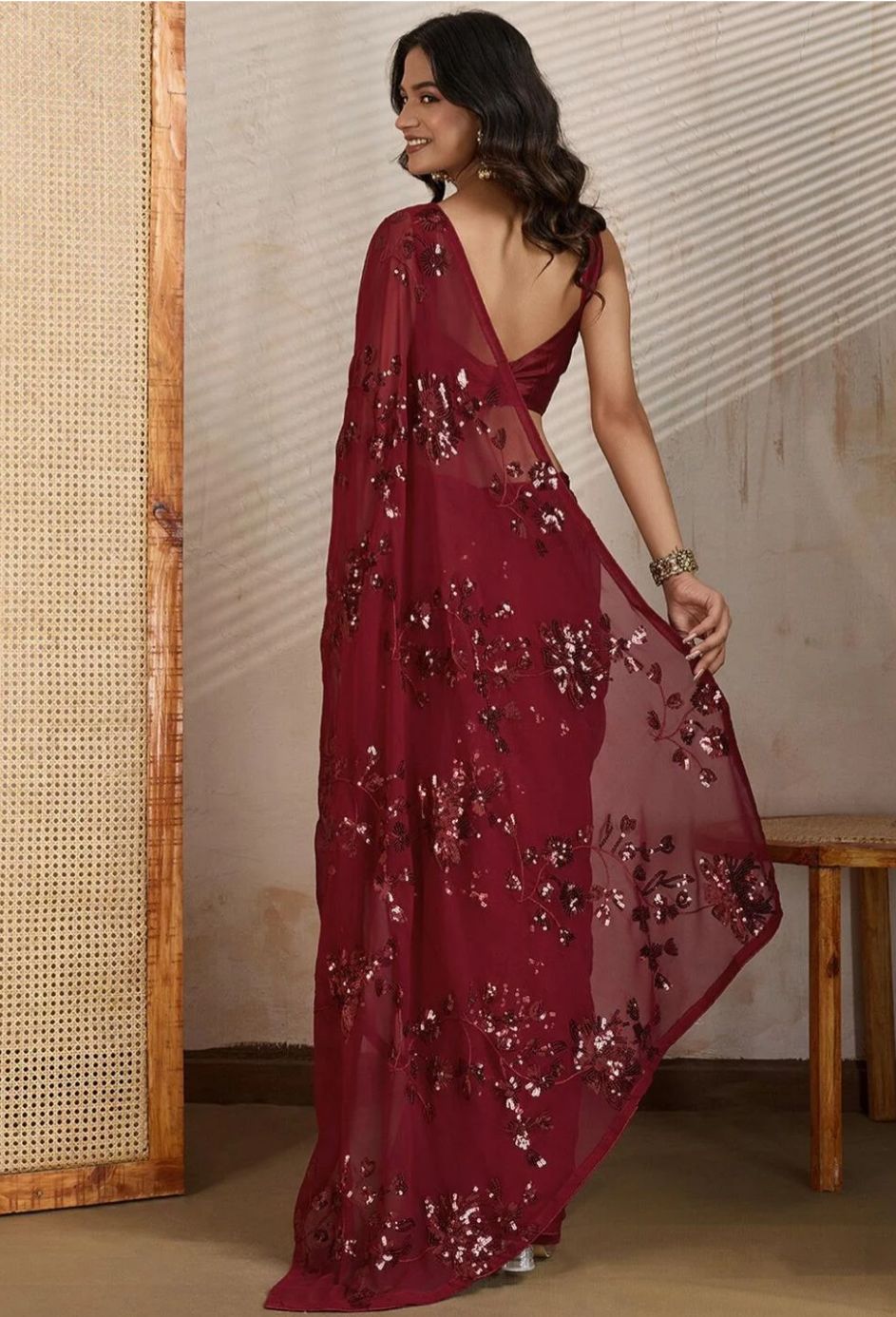 Glamorous Wine Sequins Hand-Embroidered Georgette Saree