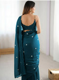 Sophisticated Teal Blue Soft Crepe Saree with Scalloped Embroidered Border
