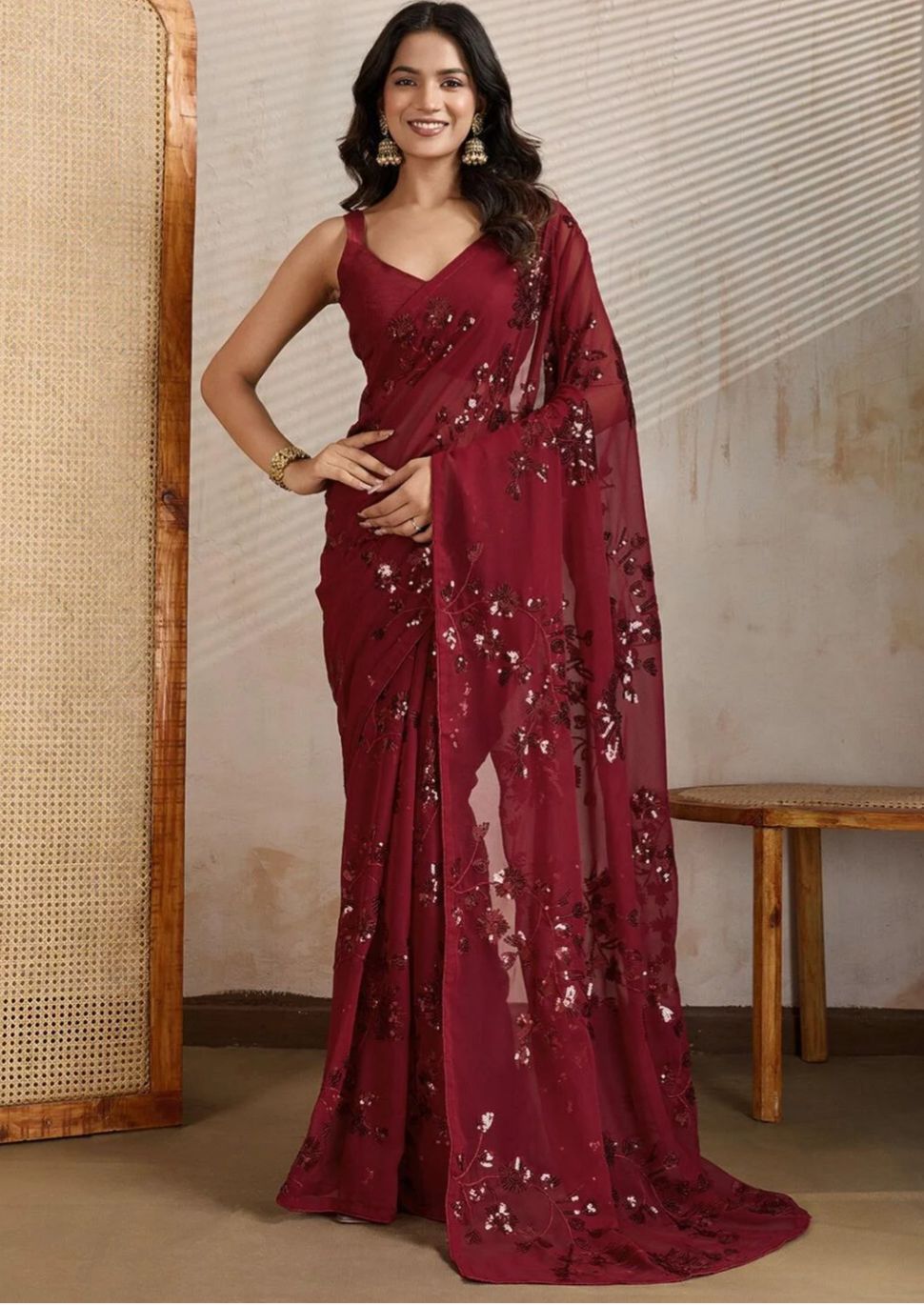 Glamorous Wine Sequins Hand-Embroidered Georgette Saree