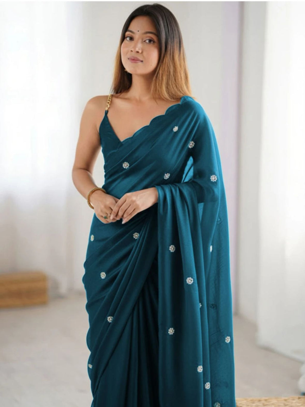 Sophisticated Teal Blue Soft Crepe Saree with Scalloped Embroidered Border