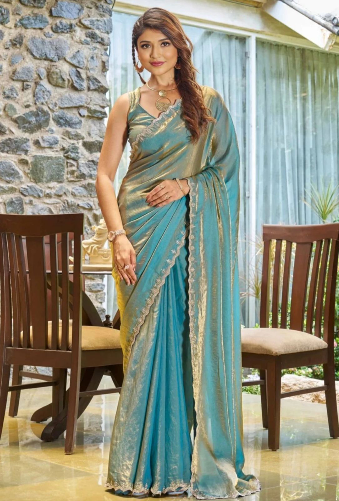 Elegant Ice Blue Metallic Shimmer Tissue Saree with Scalloped Border