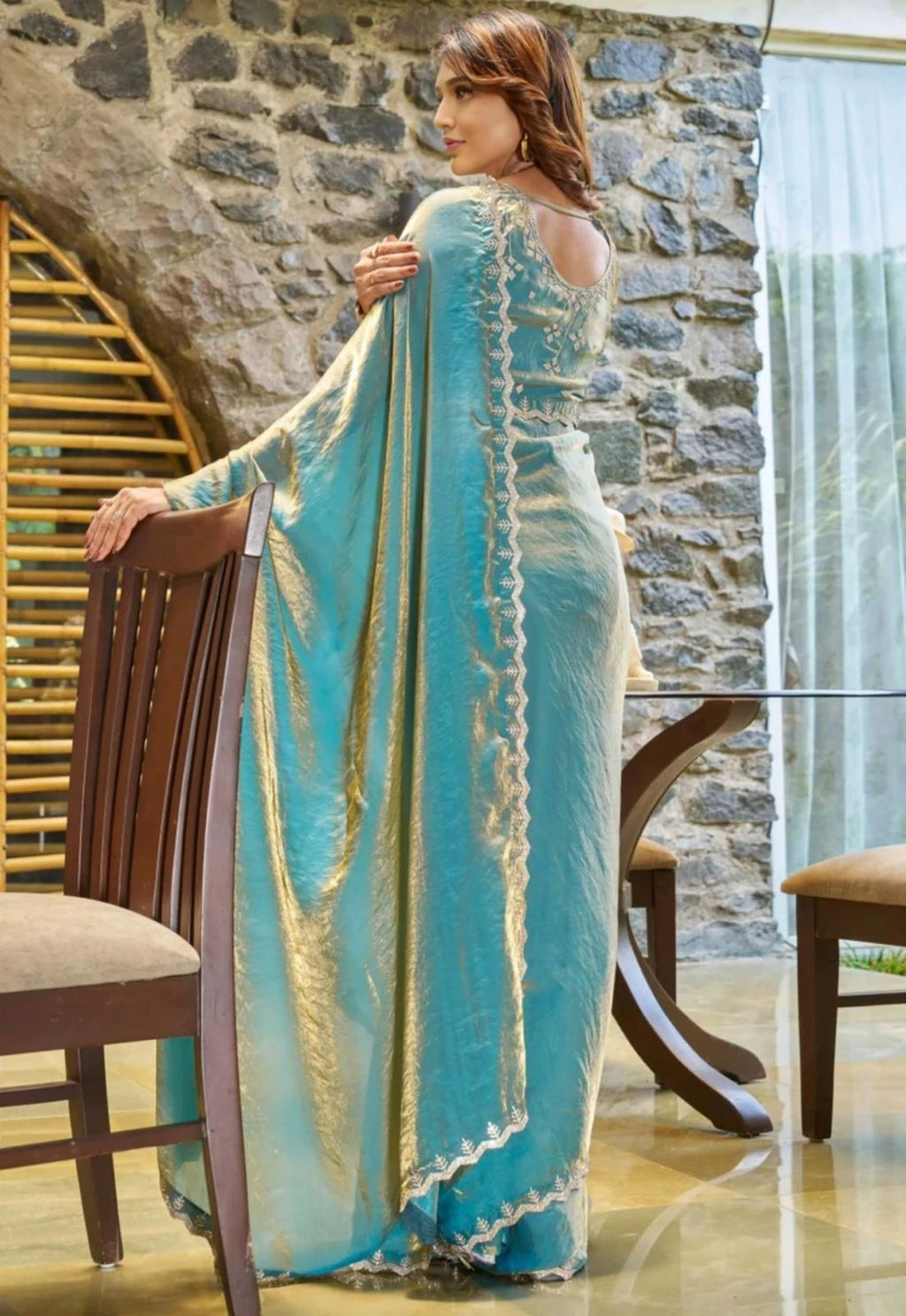 Elegant Ice Blue Metallic Shimmer Tissue Saree with Scalloped Border