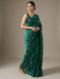 Regal Emerald Green Shimmer Saree with Embroidered Buttis and Scalloped Border