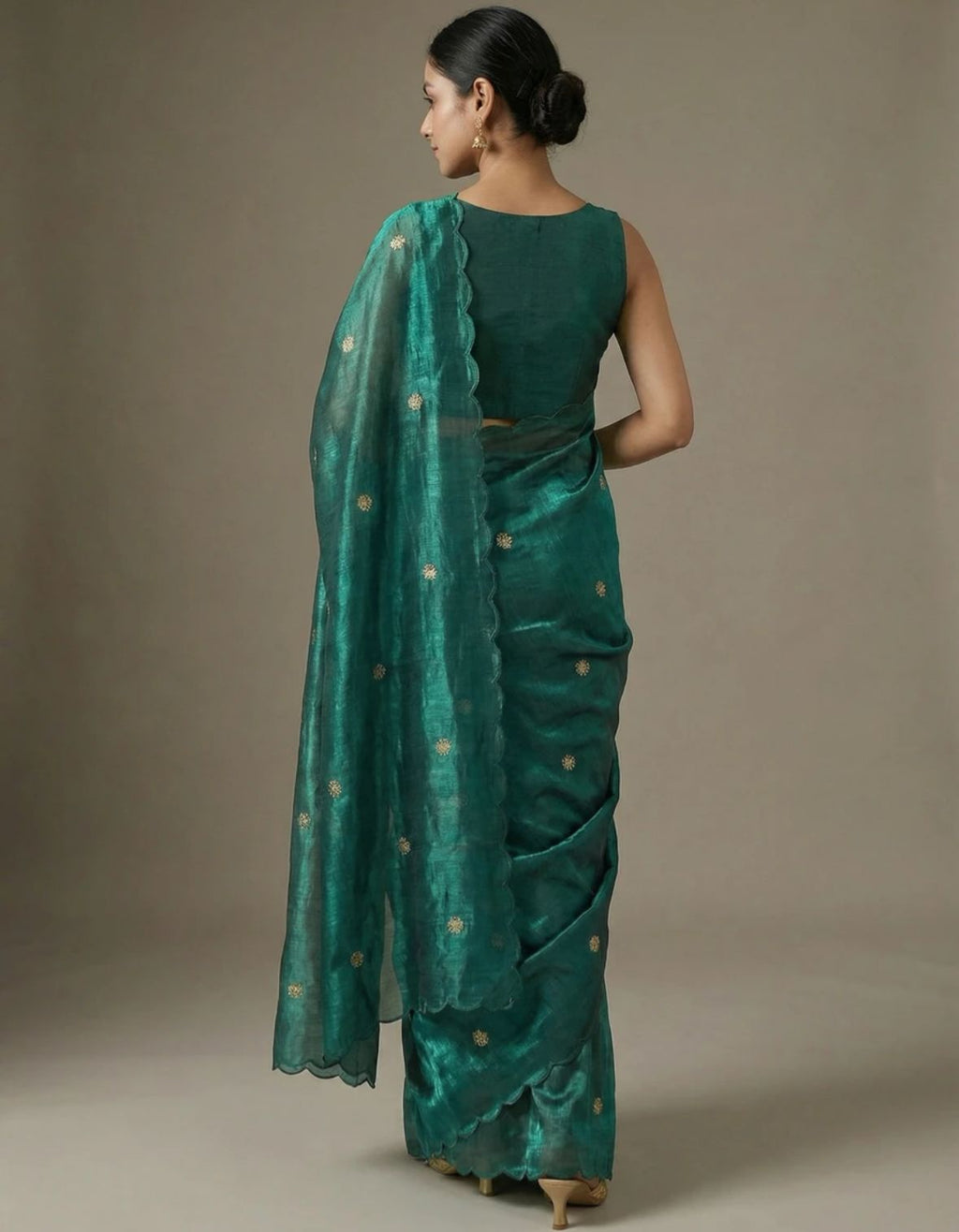 Regal Emerald Green Shimmer Saree with Embroidered Buttis and Scalloped Border
