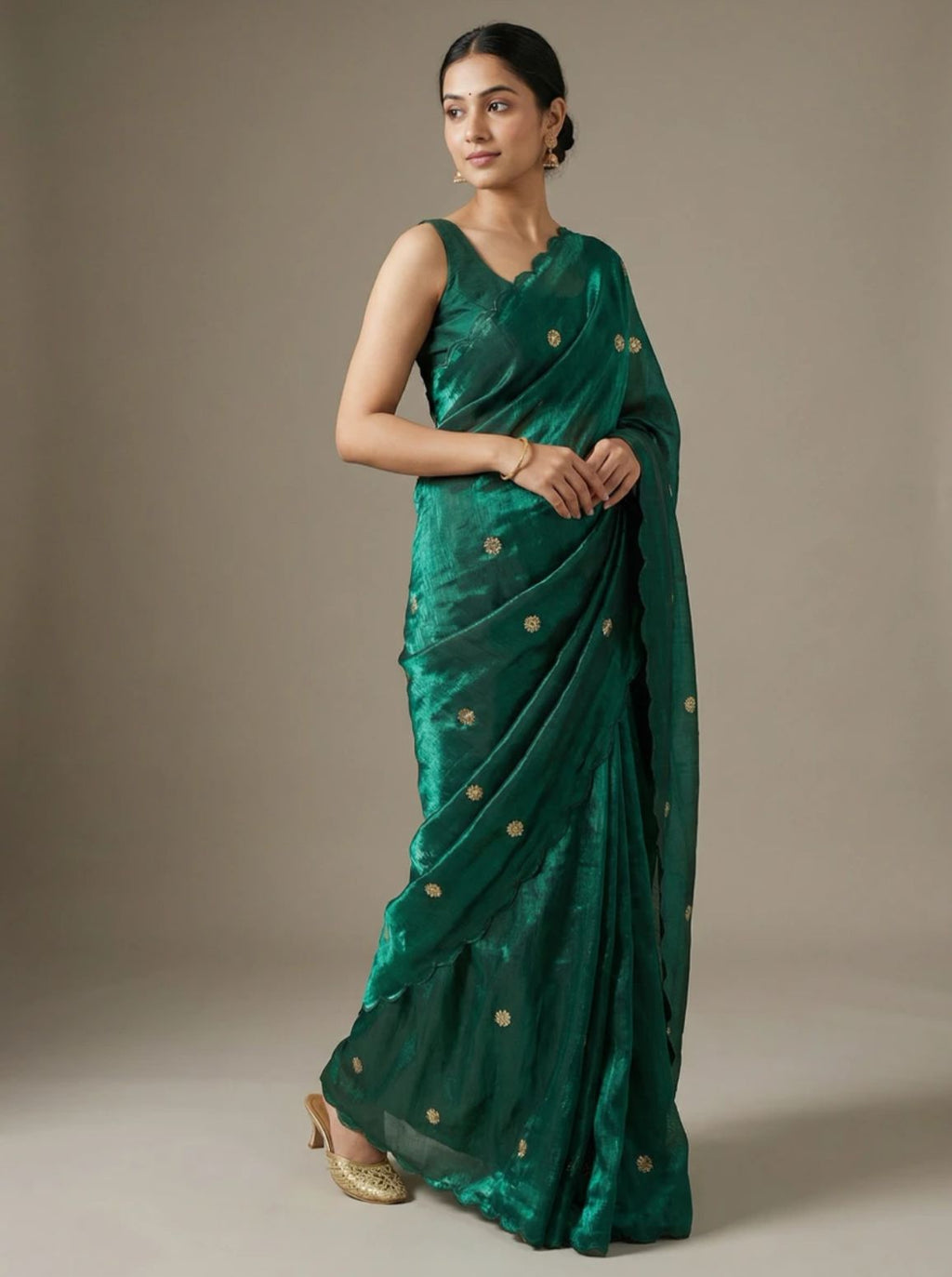 Regal Emerald Green Shimmer Saree with Embroidered Buttis and Scalloped Border