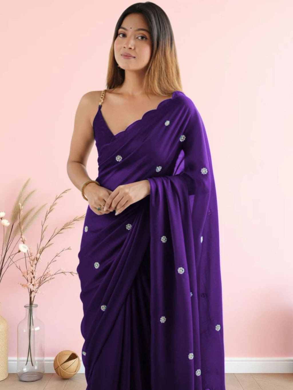 Luxury Deep Royal Violet Saree with Scalloped Embroidered Border