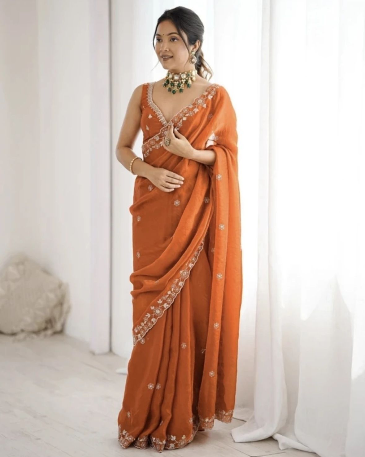 Vintage Rust Orange Georgette Saree with Delicate Scalloped Embroidery