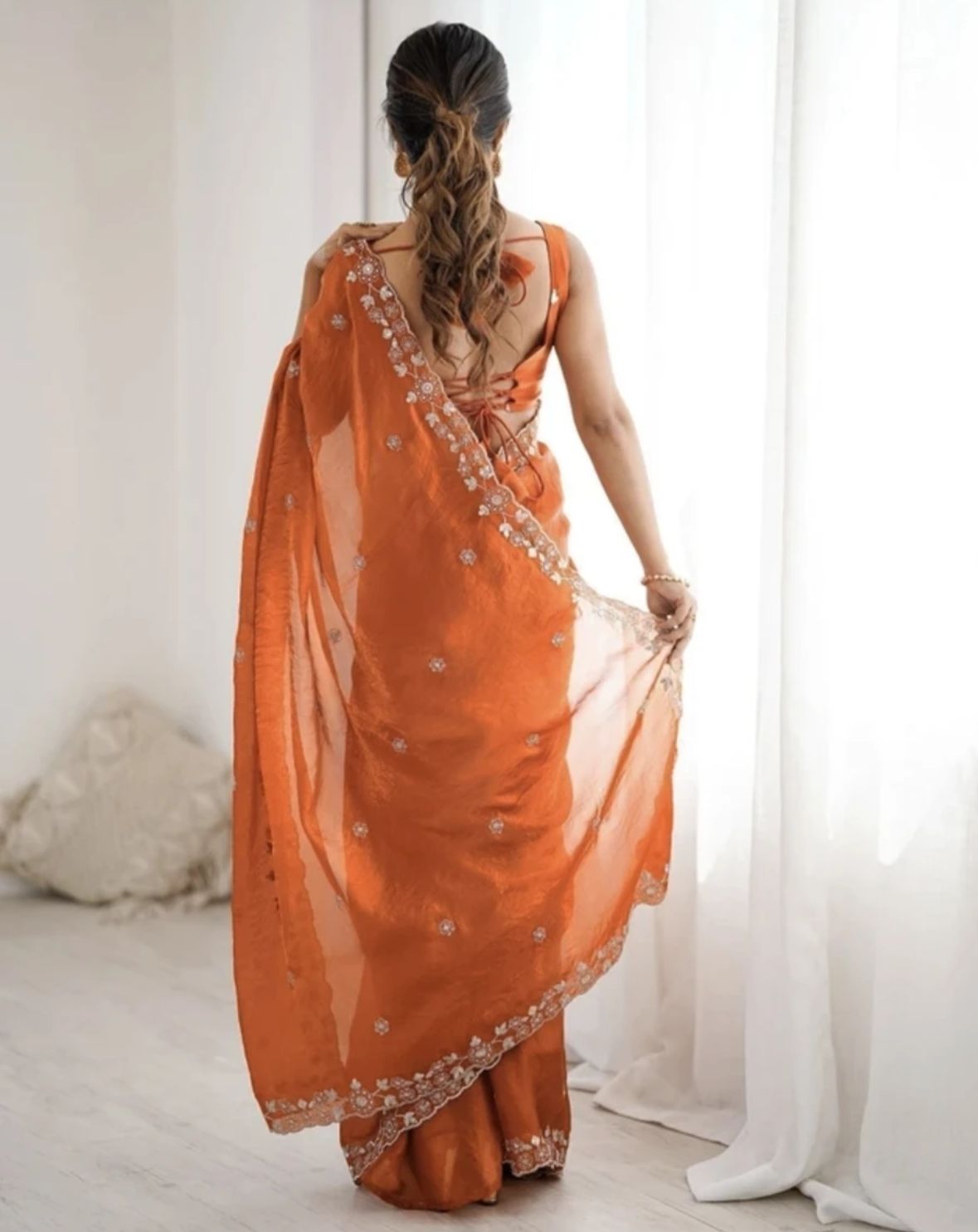 Vintage Rust Orange Georgette Saree with Delicate Scalloped Embroidery